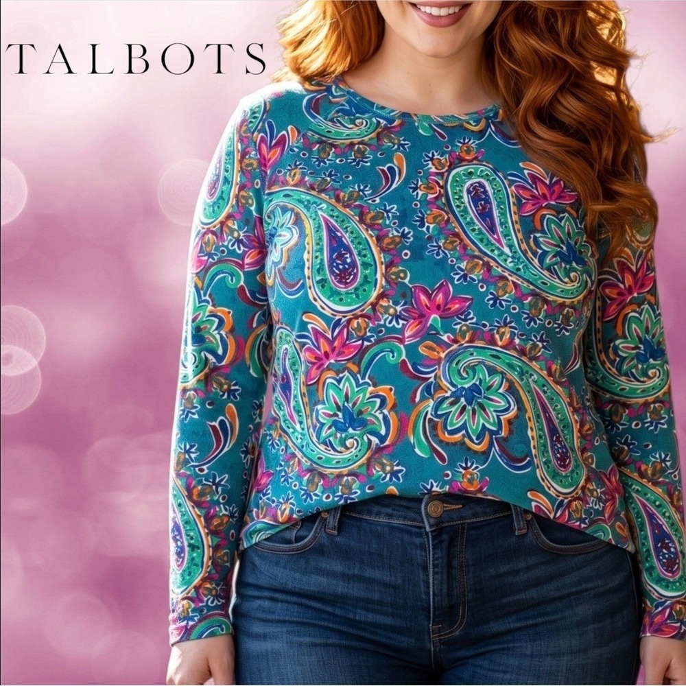 T by‎ Talbots Womens Paisley Long Sleeve Crew Neck Tee Teal Multi L